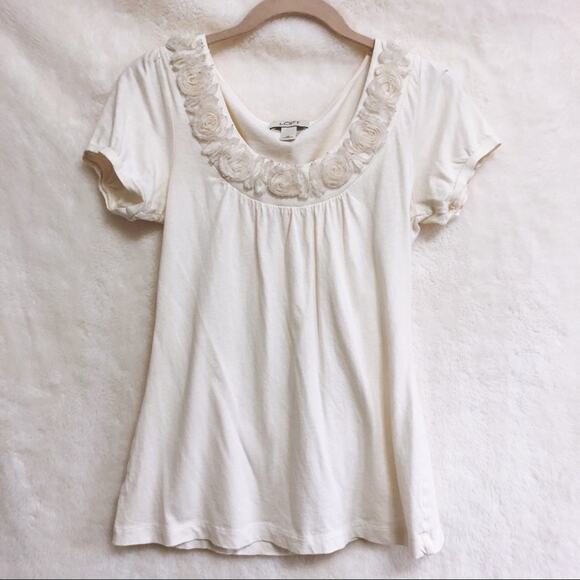 LOFT off White Flower Collar Short Sleeve Top - Picture 1 of 8